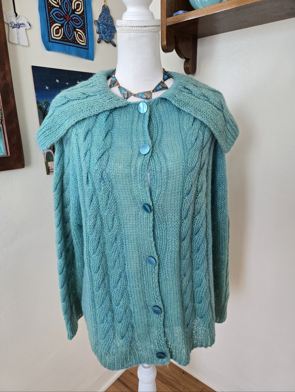 Hand Knit Vintage Turquoise Aqua Cable-Knit Button-Front Women’s Sweater Large